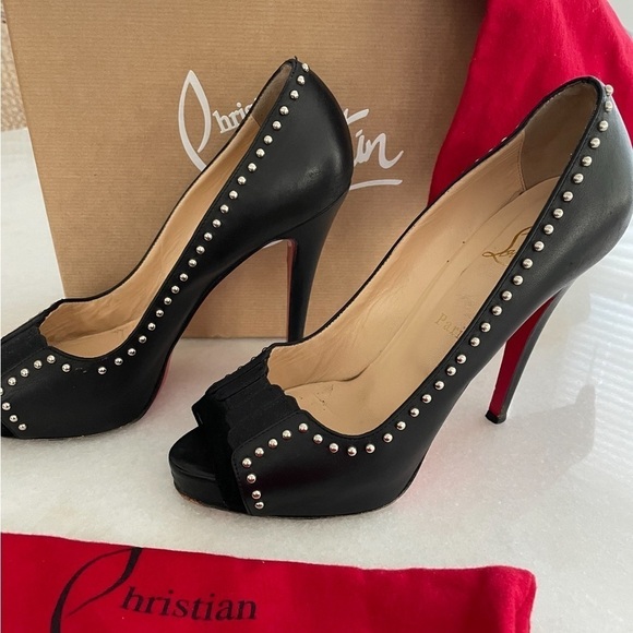 Christian Louboutin- Black Leather Peep Toe Studded Heels - Picture 3 of 11